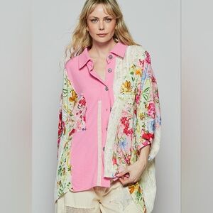 1-0121 *Boutique* POL Boho Floral Spring Patchwork Oversized Cotton Down Shirt